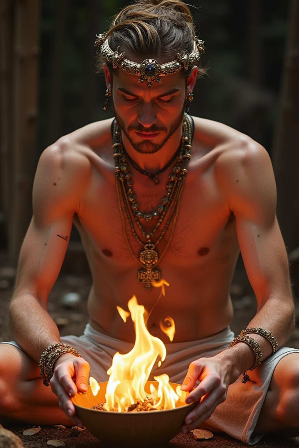 man engaged in a sacred ritual or ceremony, adorned with symbolic attire