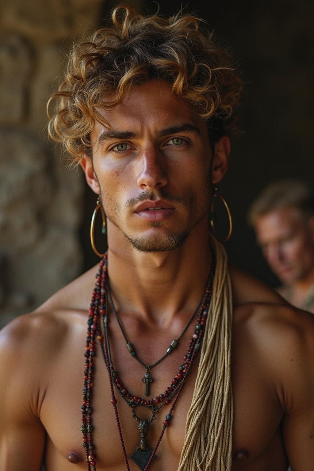 man engaged in a sacred ritual or ceremony, adorned with symbolic attire