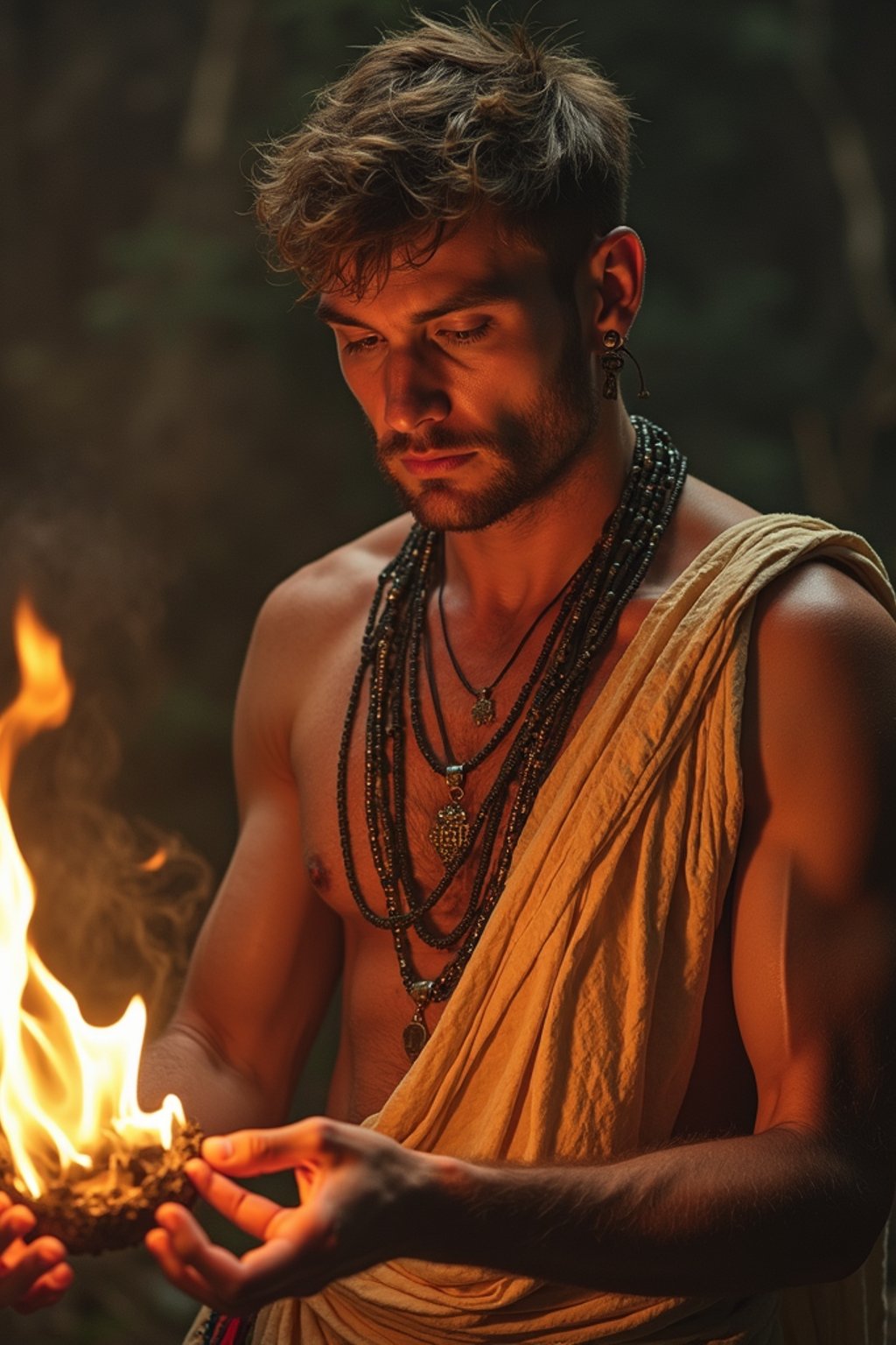 man engaged in a sacred ritual or ceremony, adorned with symbolic attire