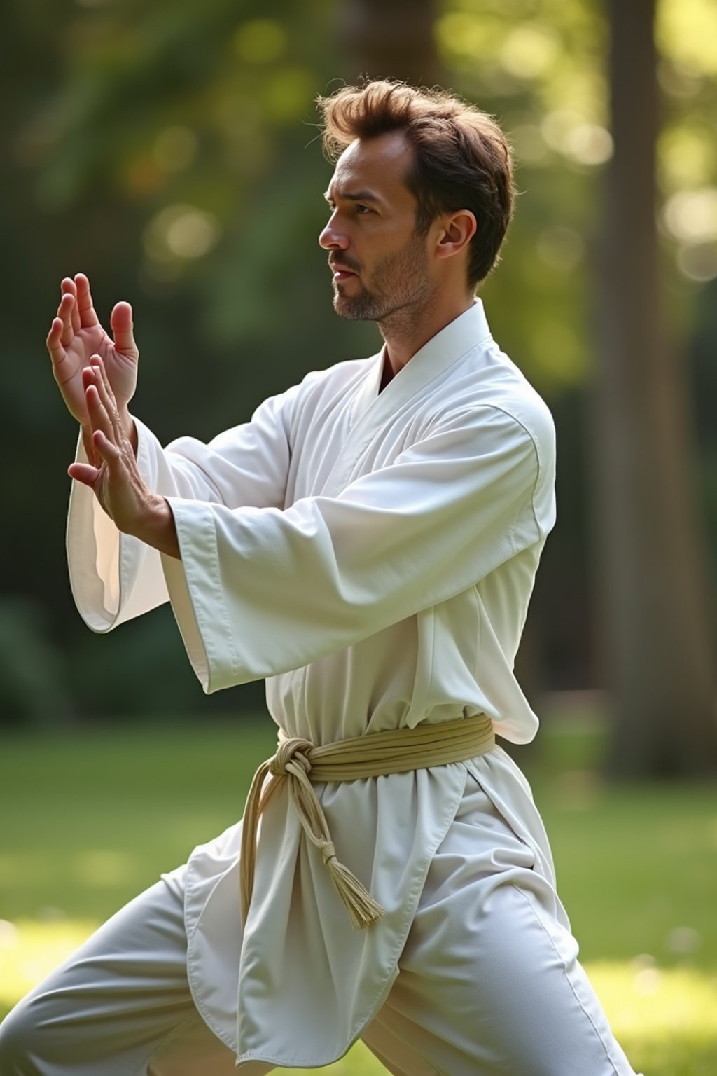 man practicing Tai Chi in a serene garden