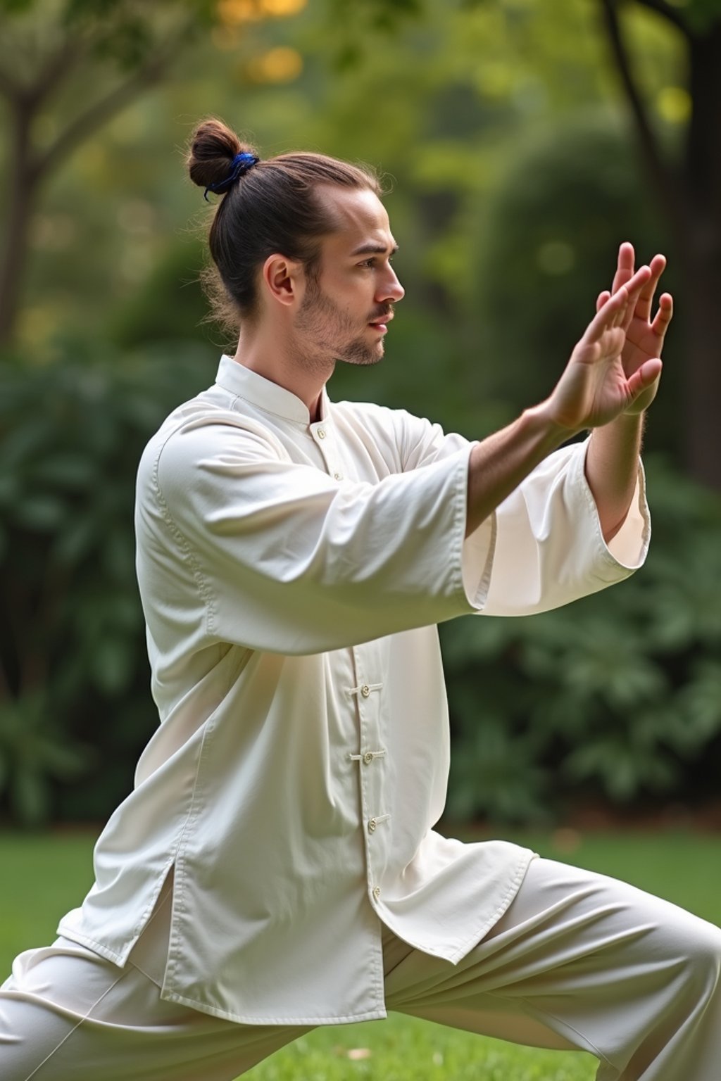 man practicing Tai Chi in a serene garden