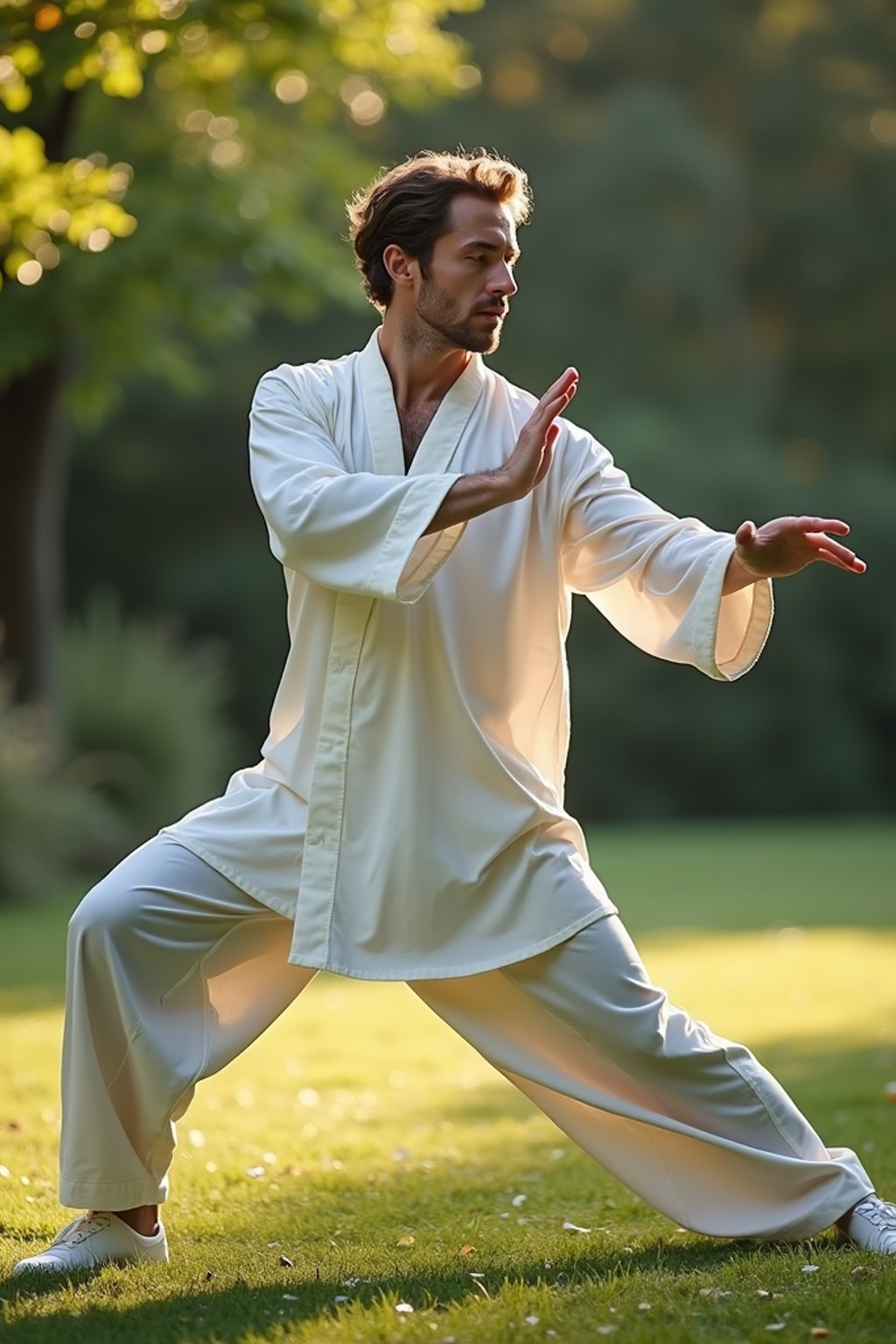 man practicing Tai Chi in a serene garden