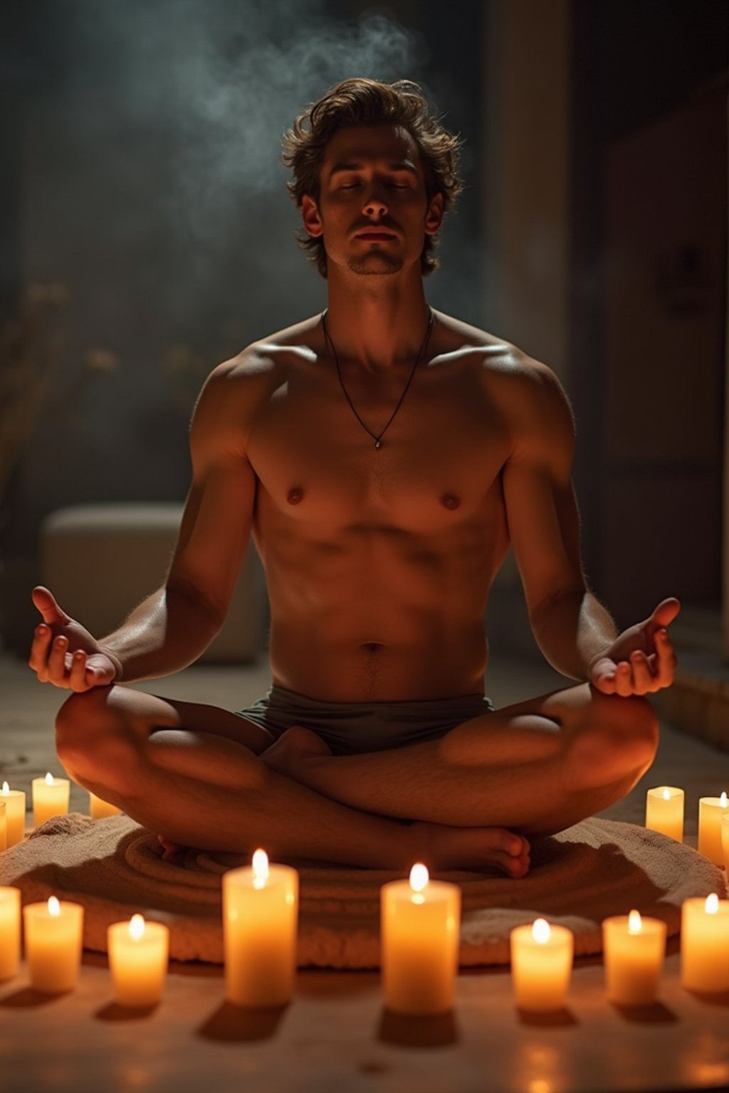 man practicing mindfulness surrounded by candles or incense