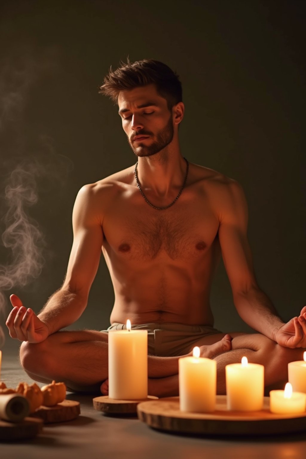 man practicing mindfulness surrounded by candles or incense