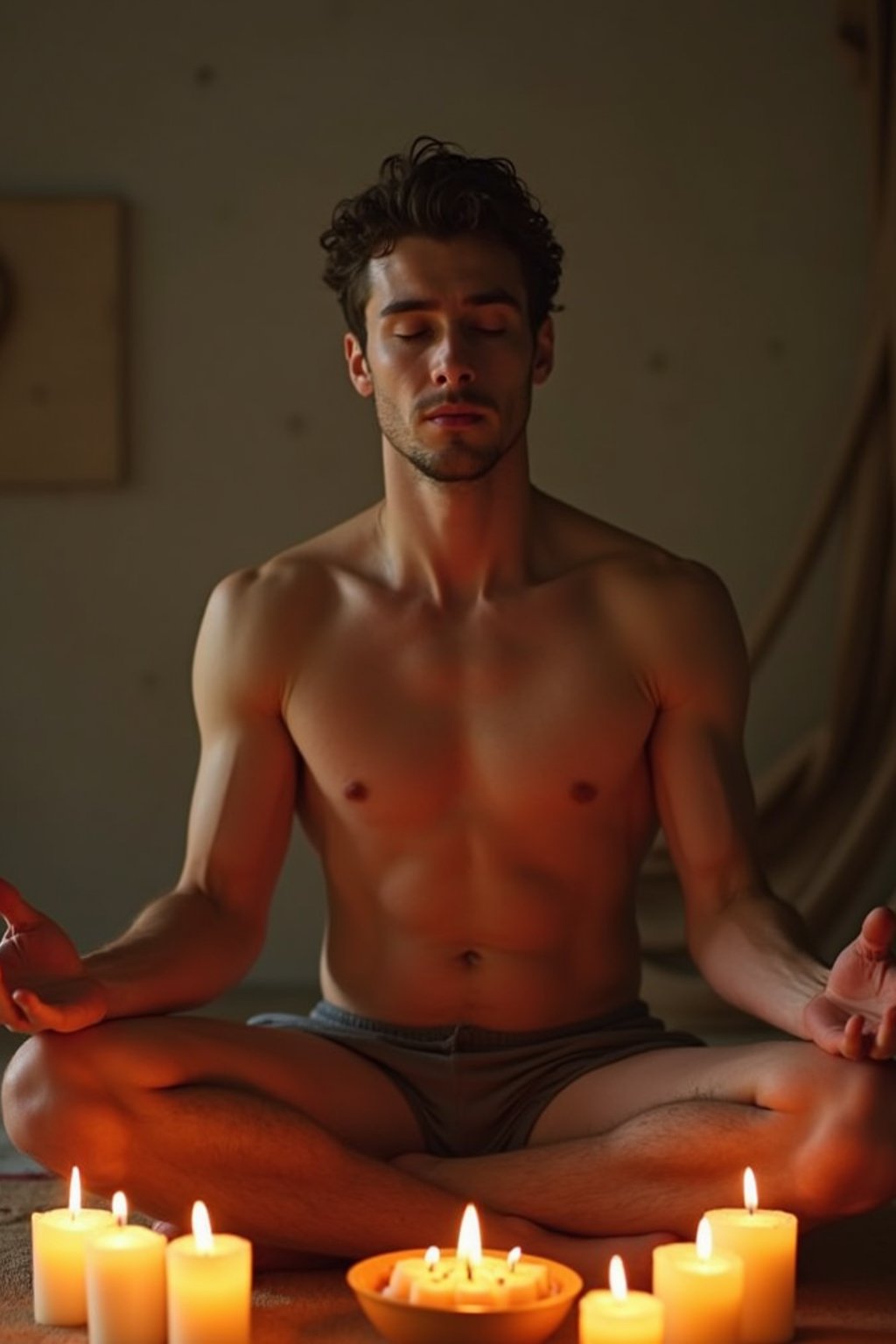 man practicing mindfulness surrounded by candles or incense