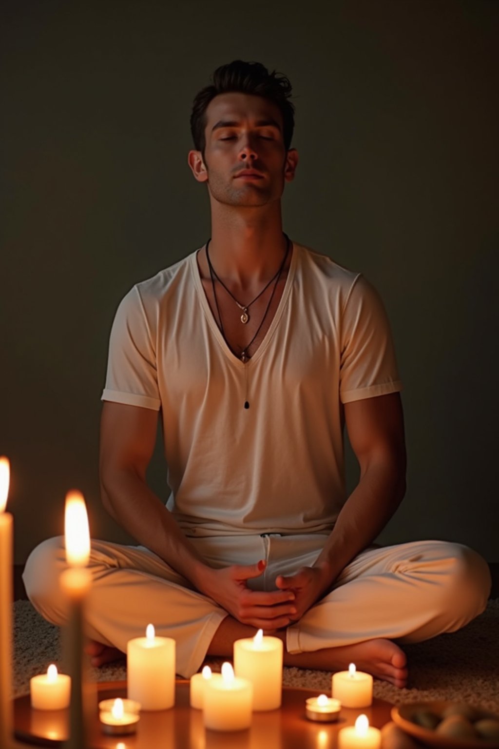 man practicing mindfulness surrounded by candles or incense