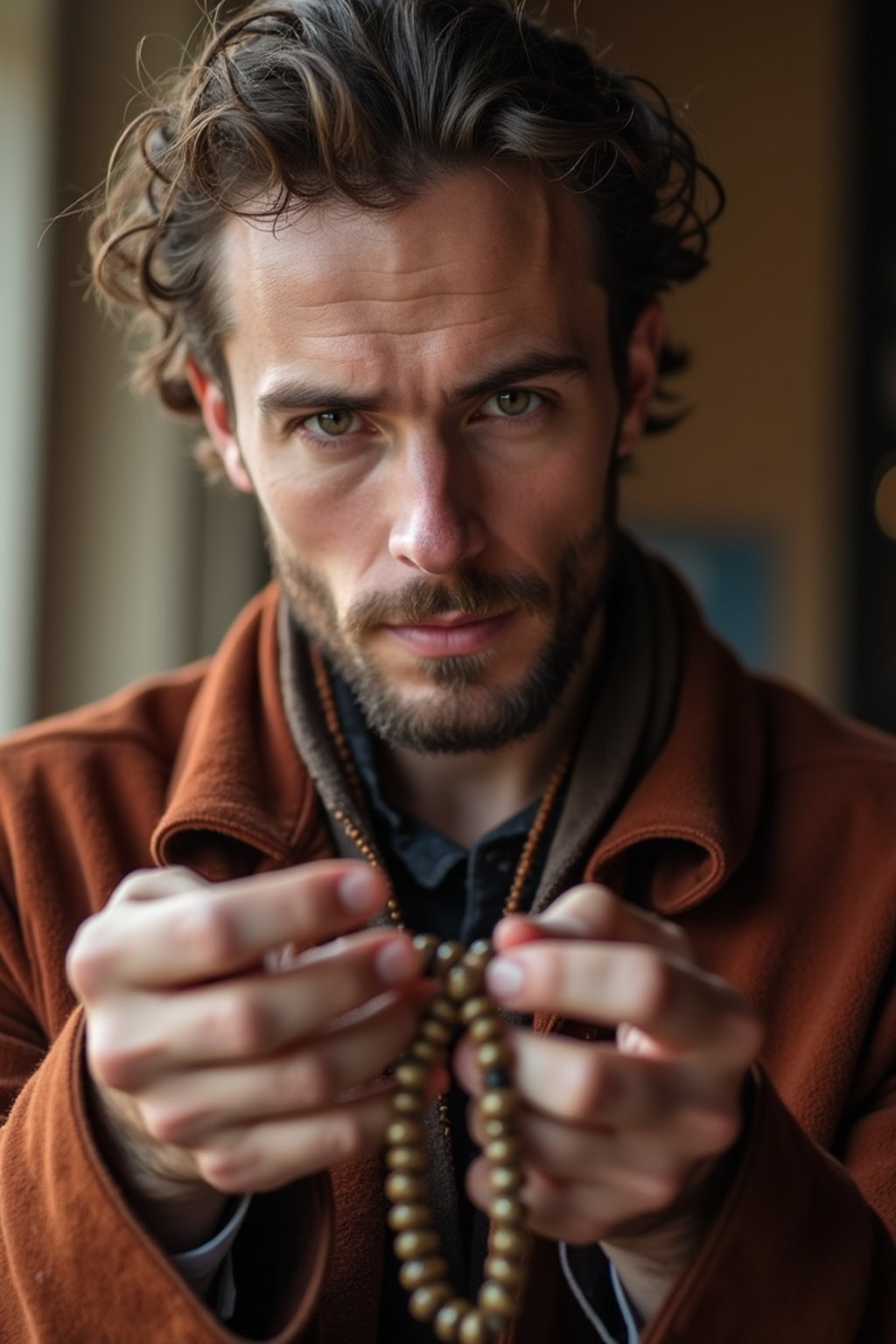 man holding prayer beads or a sacred object,