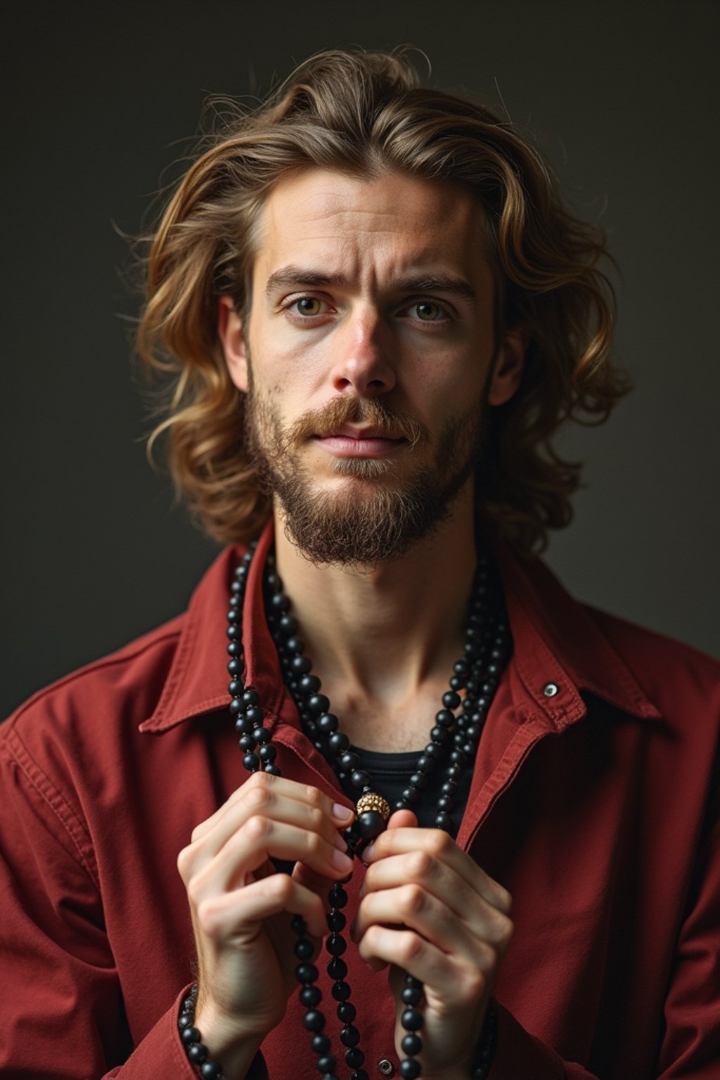 man holding prayer beads or a sacred object,