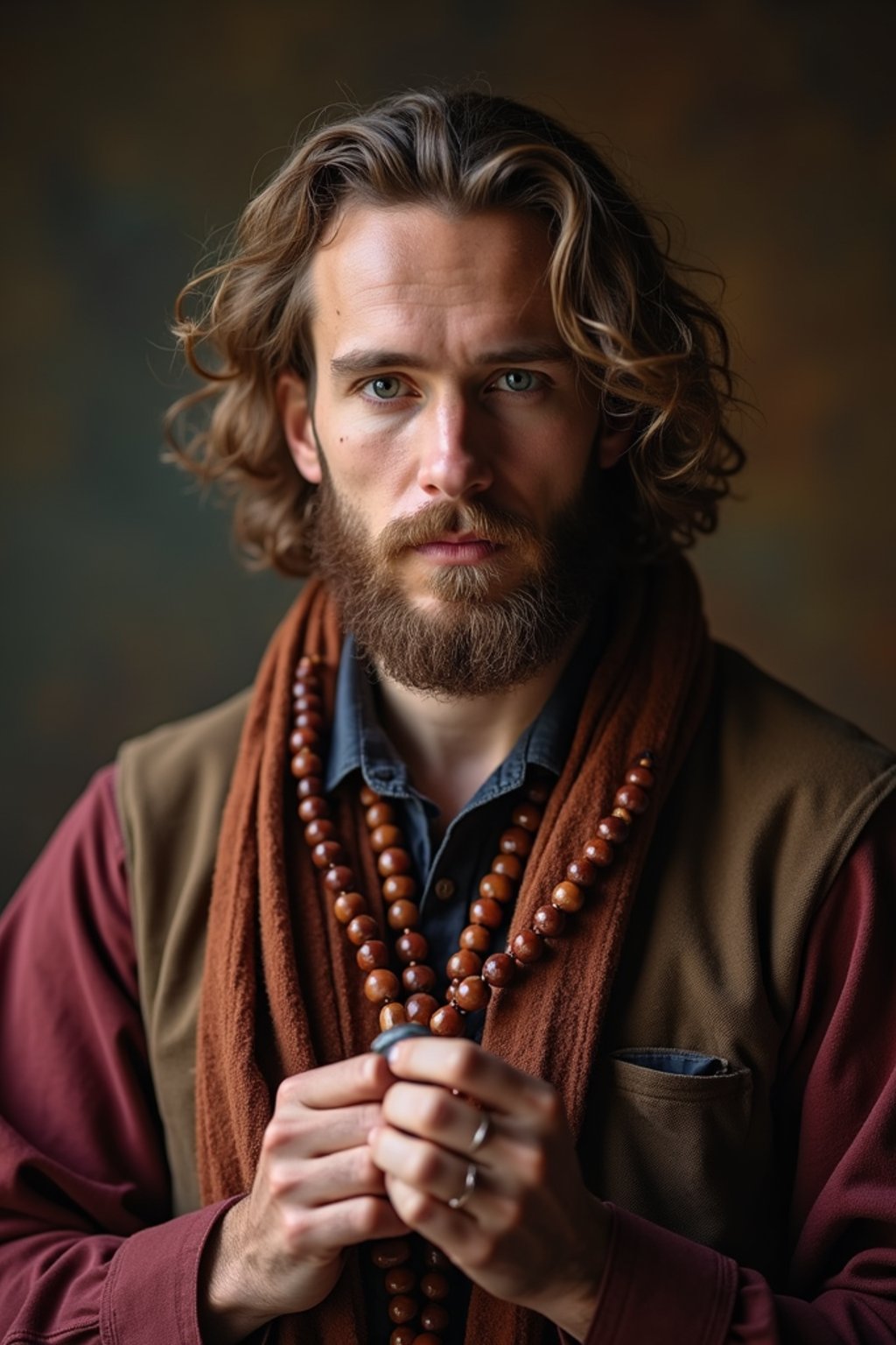 man holding prayer beads or a sacred object,