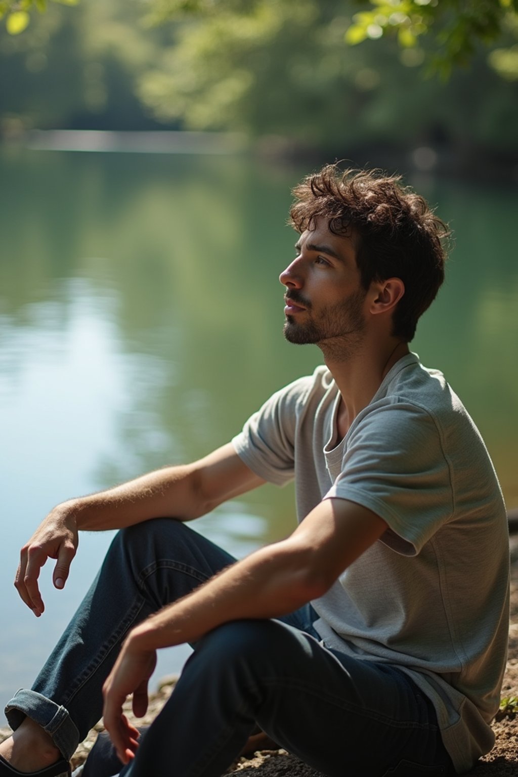 man in deep contemplation, sitting by a tranquil lake