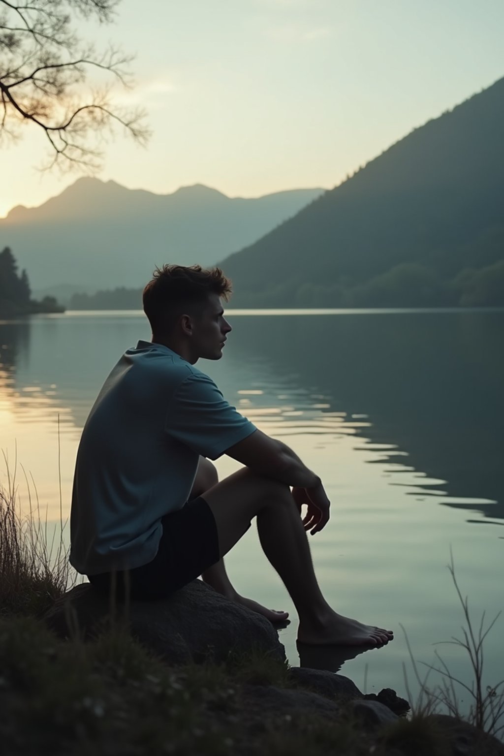 man in deep contemplation, sitting by a tranquil lake