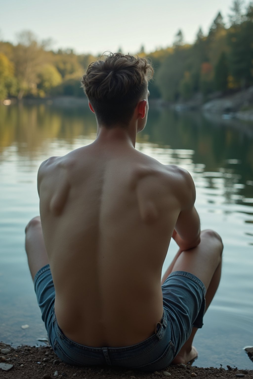 man in deep contemplation, sitting by a tranquil lake