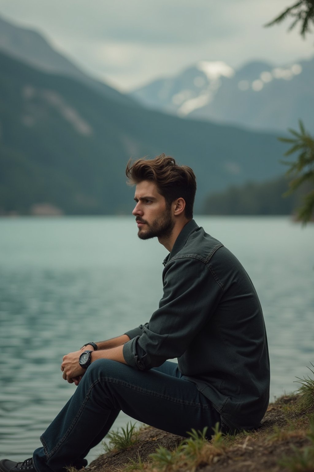 man in deep contemplation, sitting by a tranquil lake