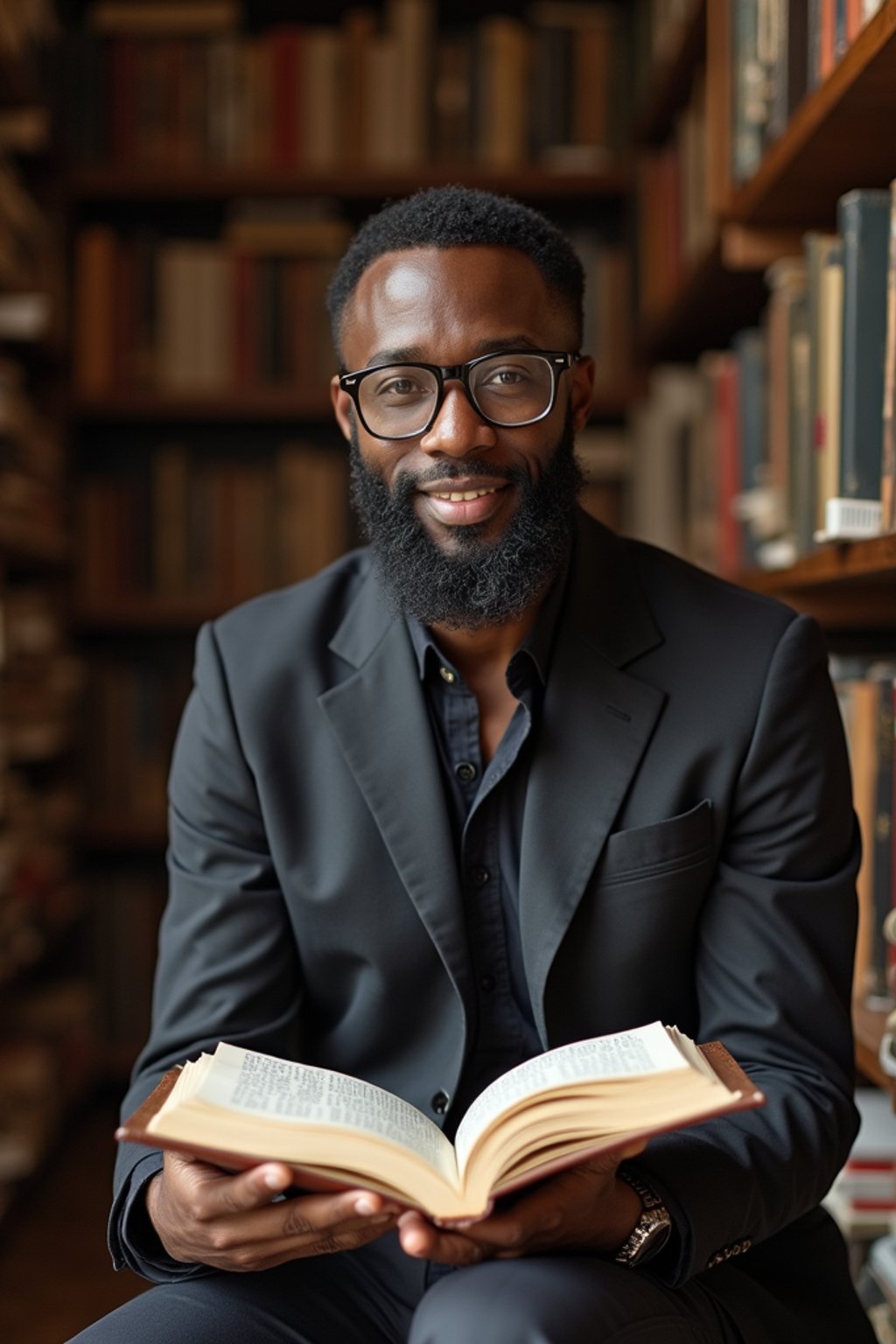 man surrounded by books or sacred texts