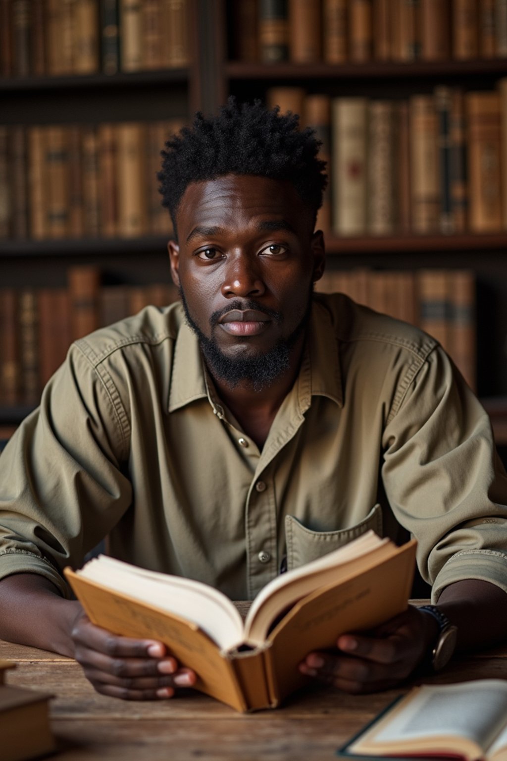 man surrounded by books or sacred texts