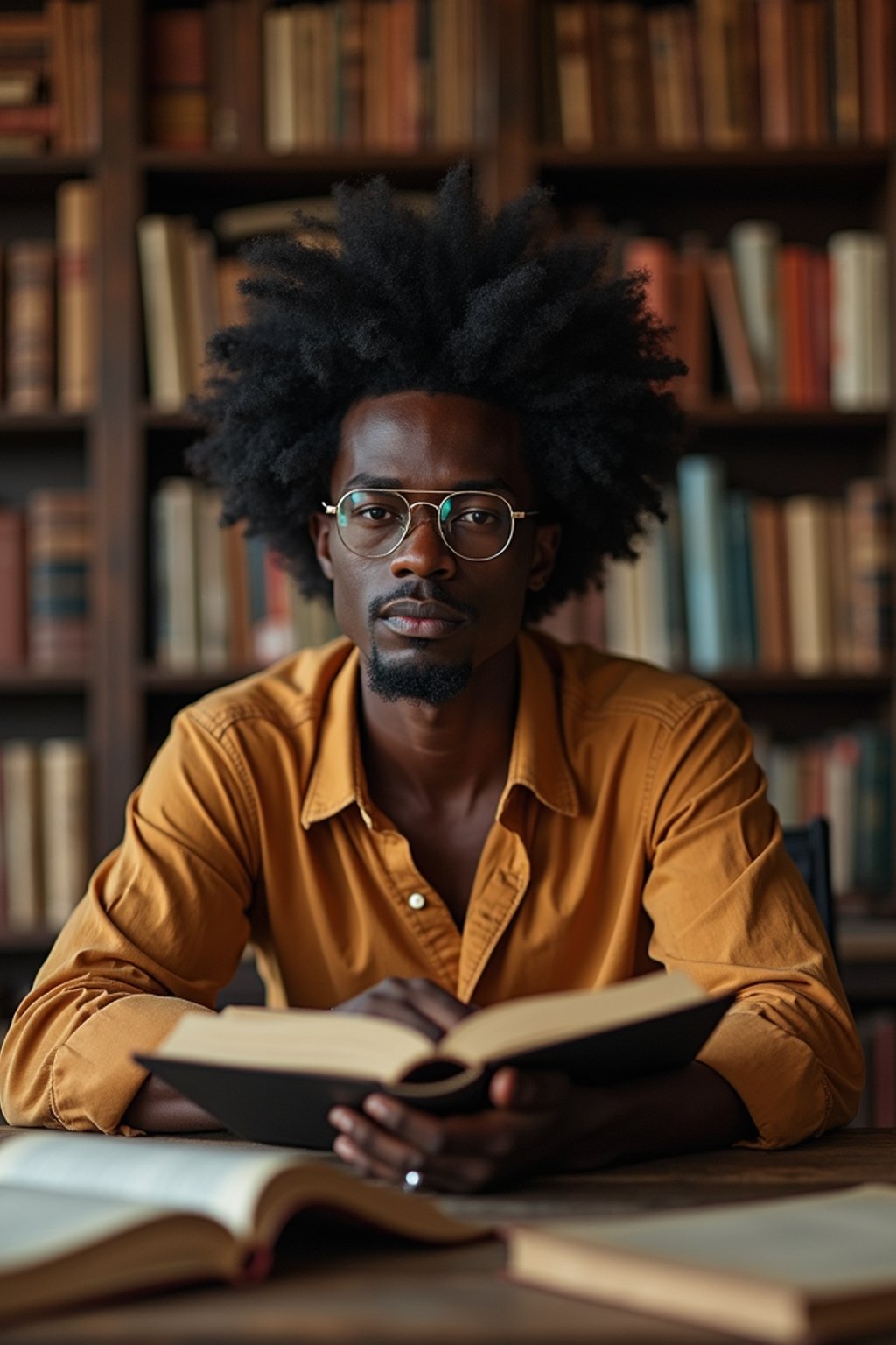 man surrounded by books or sacred texts