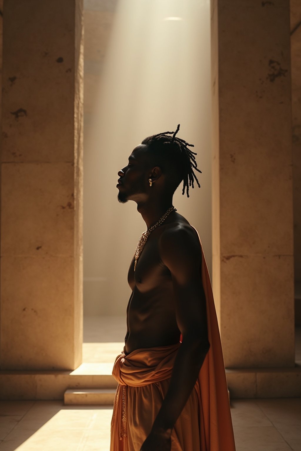 man in a serene temple or sacred space