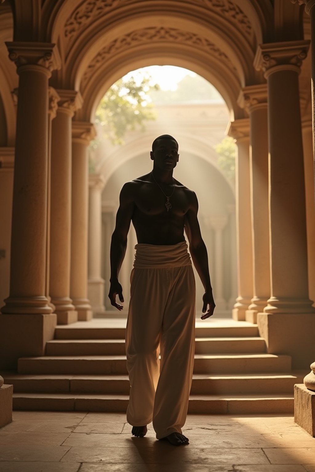 man in a serene temple or sacred space