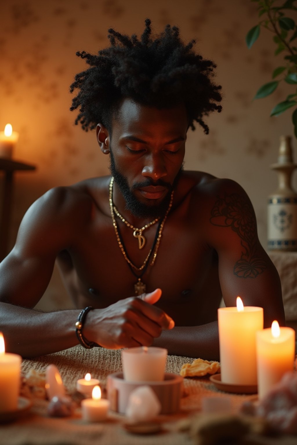 man in a serene indoor space, surrounded by candles, crystals, and sacred symbols