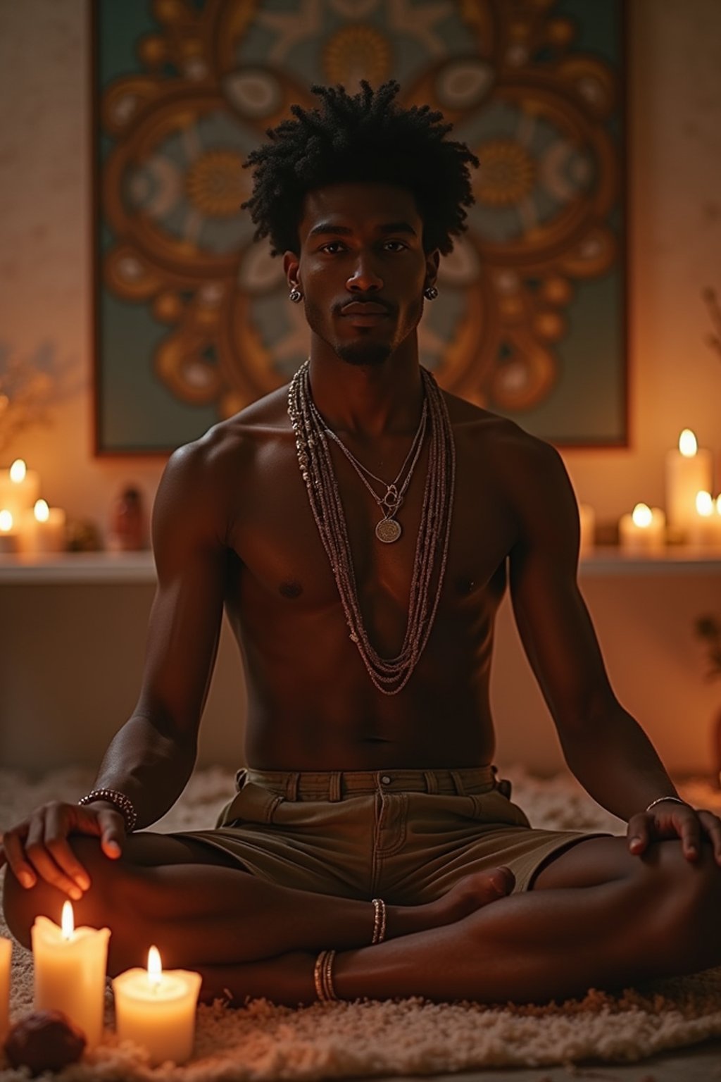 man in a serene indoor space, surrounded by candles, crystals, and sacred symbols