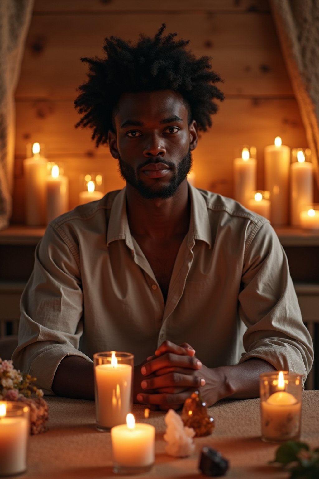 man in a serene indoor space, surrounded by candles, crystals, and sacred symbols