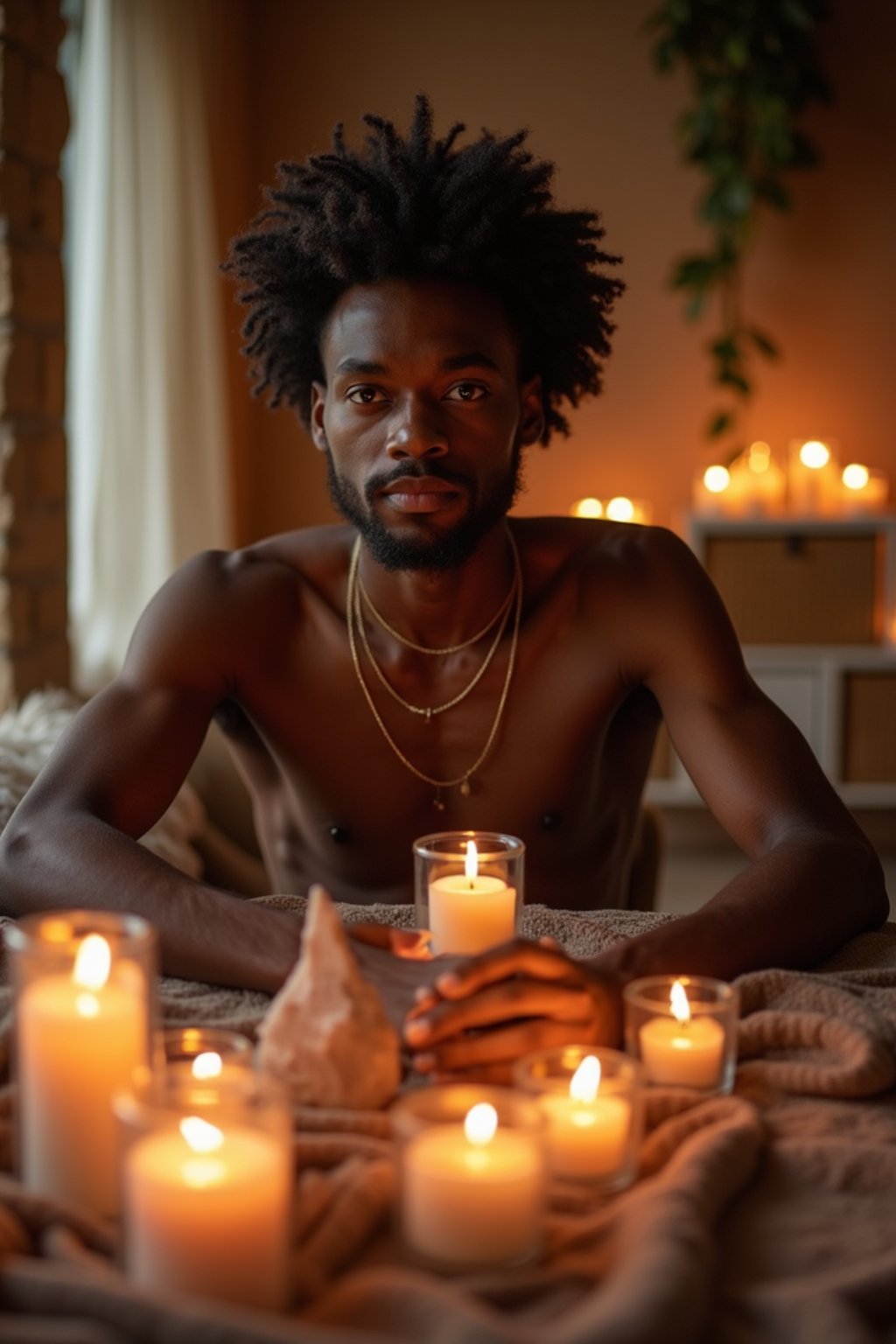 man in a serene indoor space, surrounded by candles, crystals, and sacred symbols