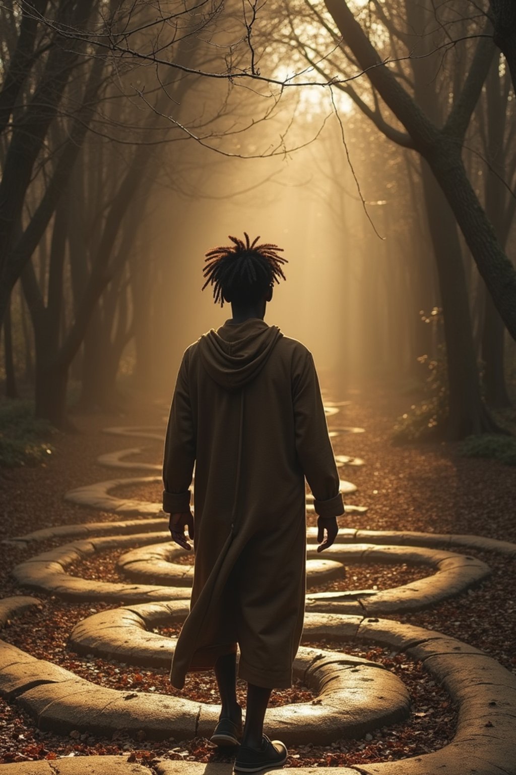 man in a labyrinth or walking a sacred path