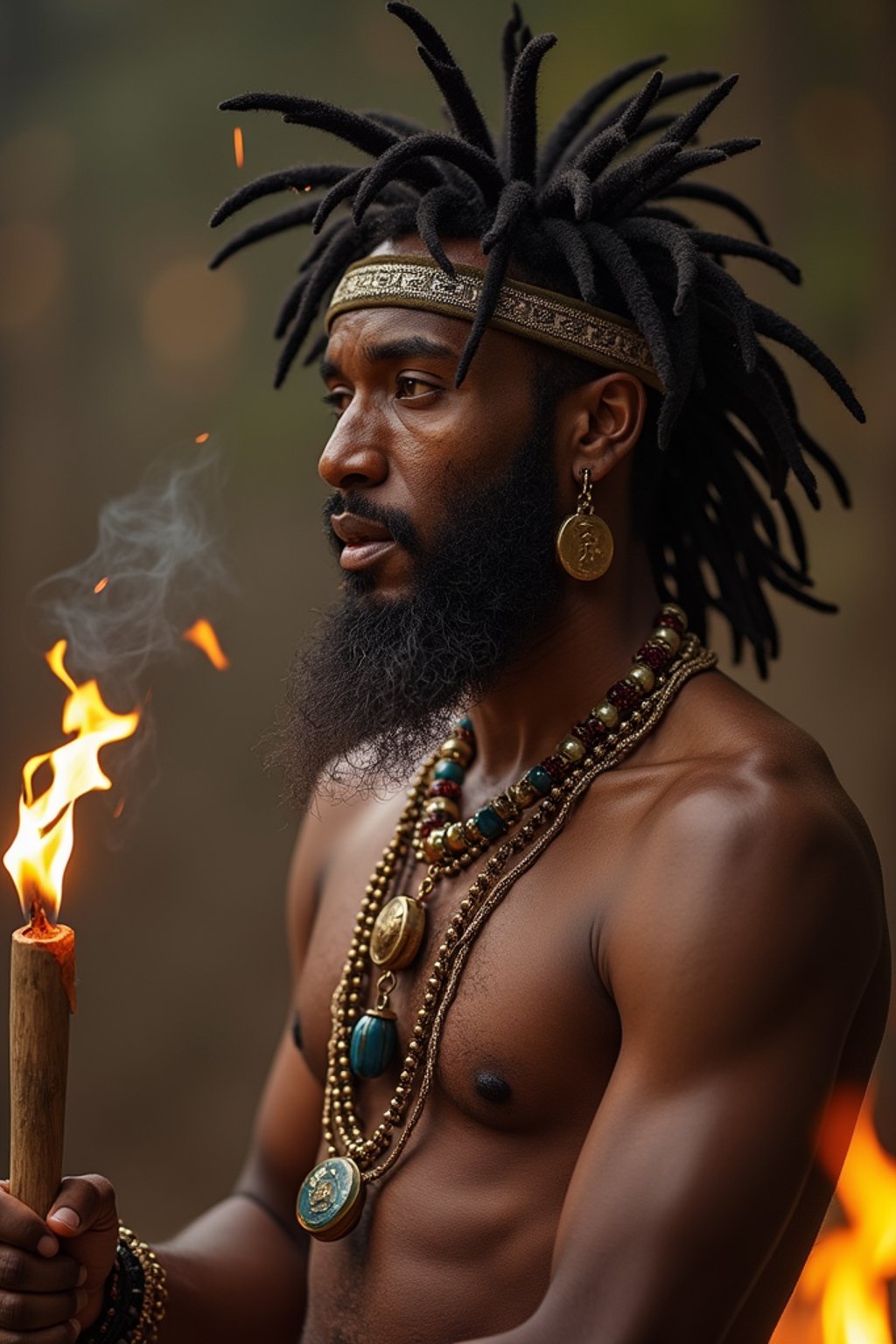 man engaged in a sacred ritual or ceremony, adorned with symbolic attire