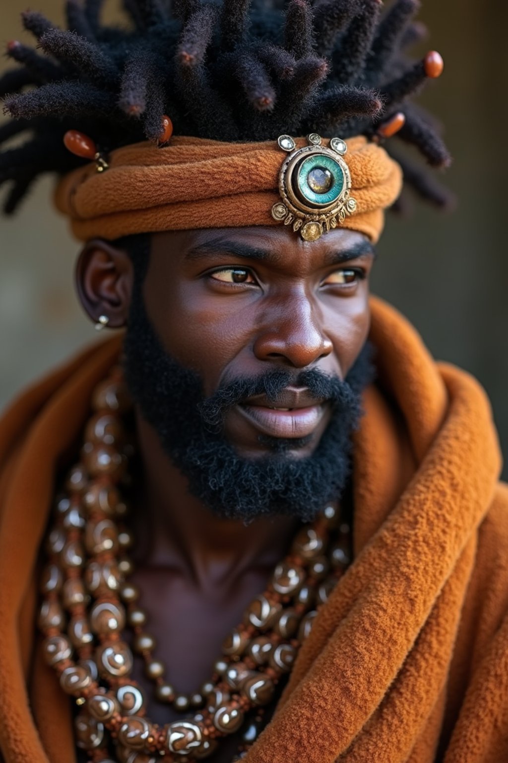 man engaged in a sacred ritual or ceremony, adorned with symbolic attire