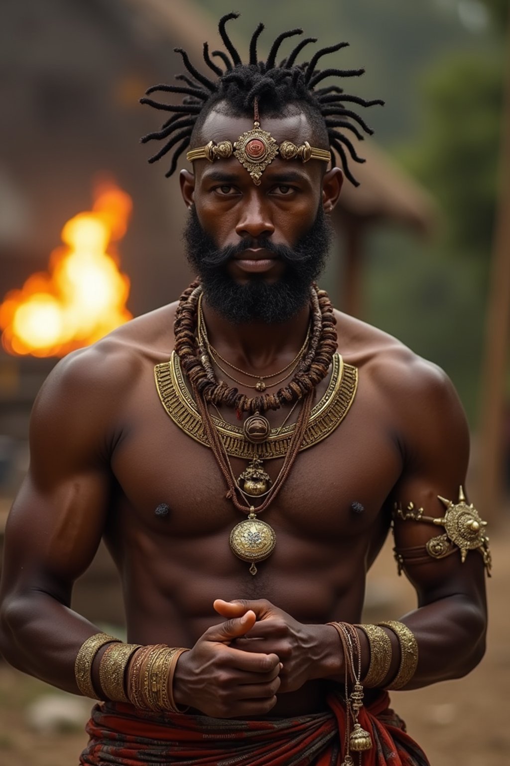 man engaged in a sacred ritual or ceremony, adorned with symbolic attire