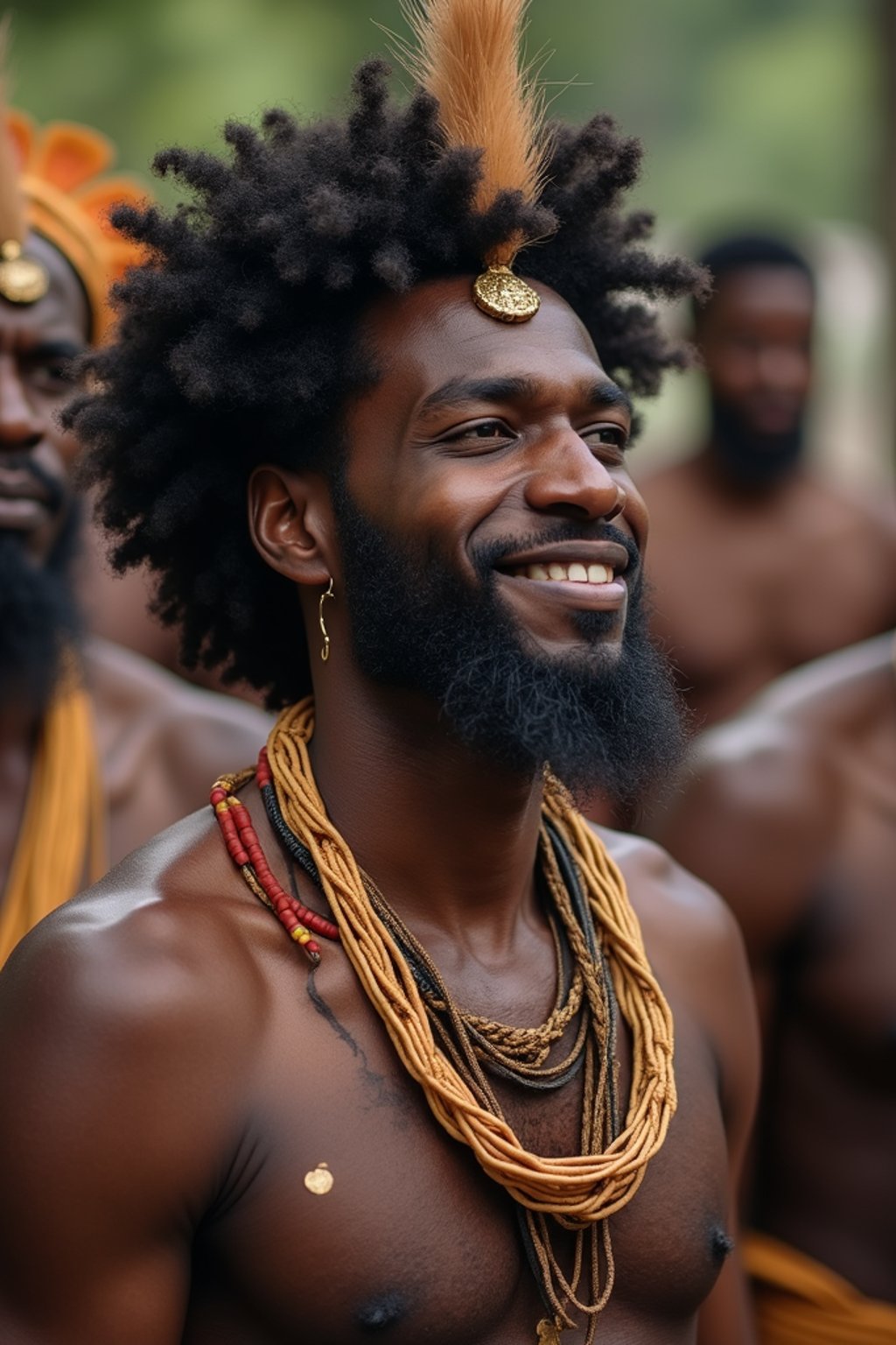 man engaged in a sacred ritual or ceremony, adorned with symbolic attire