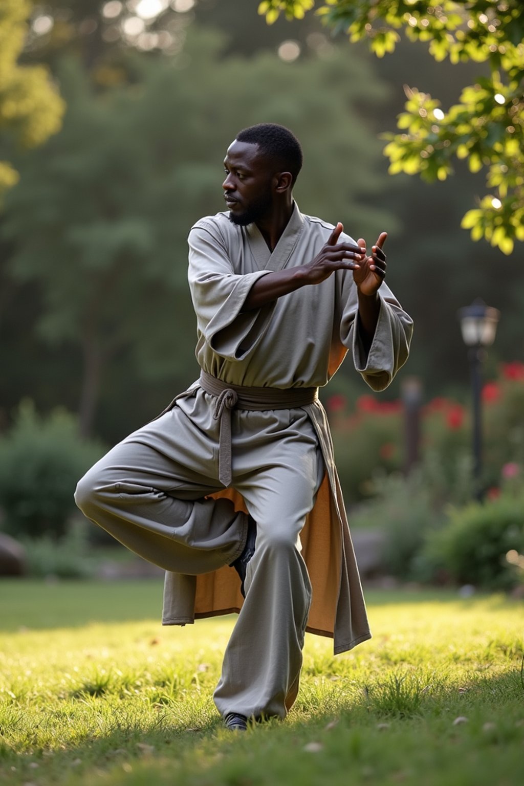 man practicing Tai Chi in a serene garden