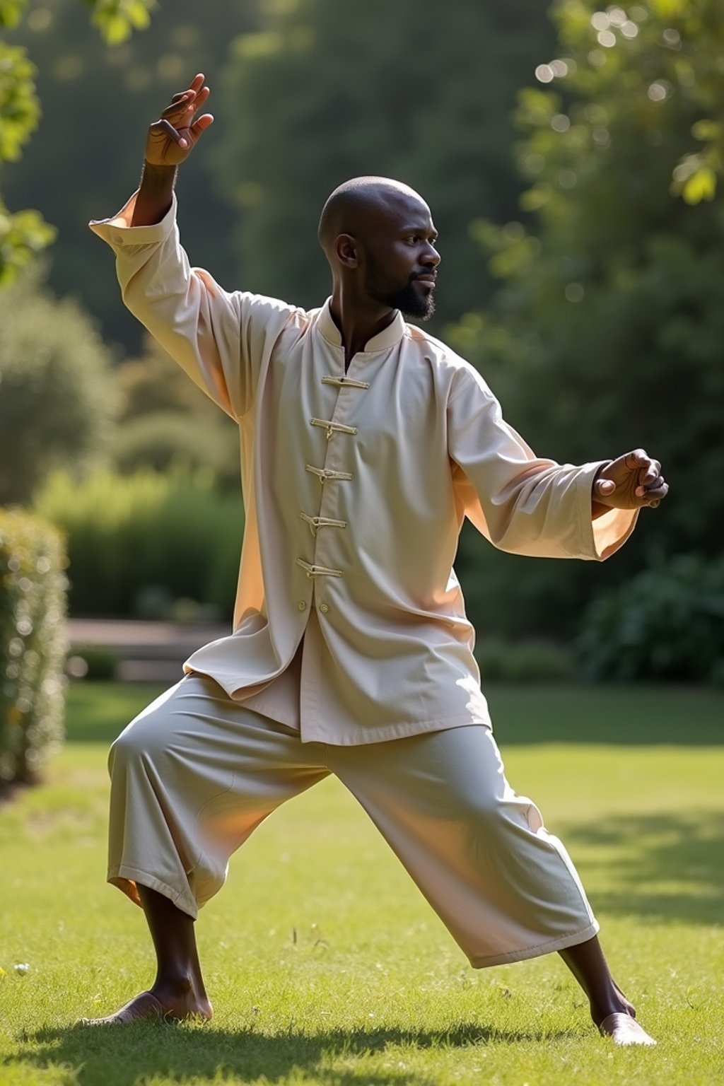 man practicing Tai Chi in a serene garden