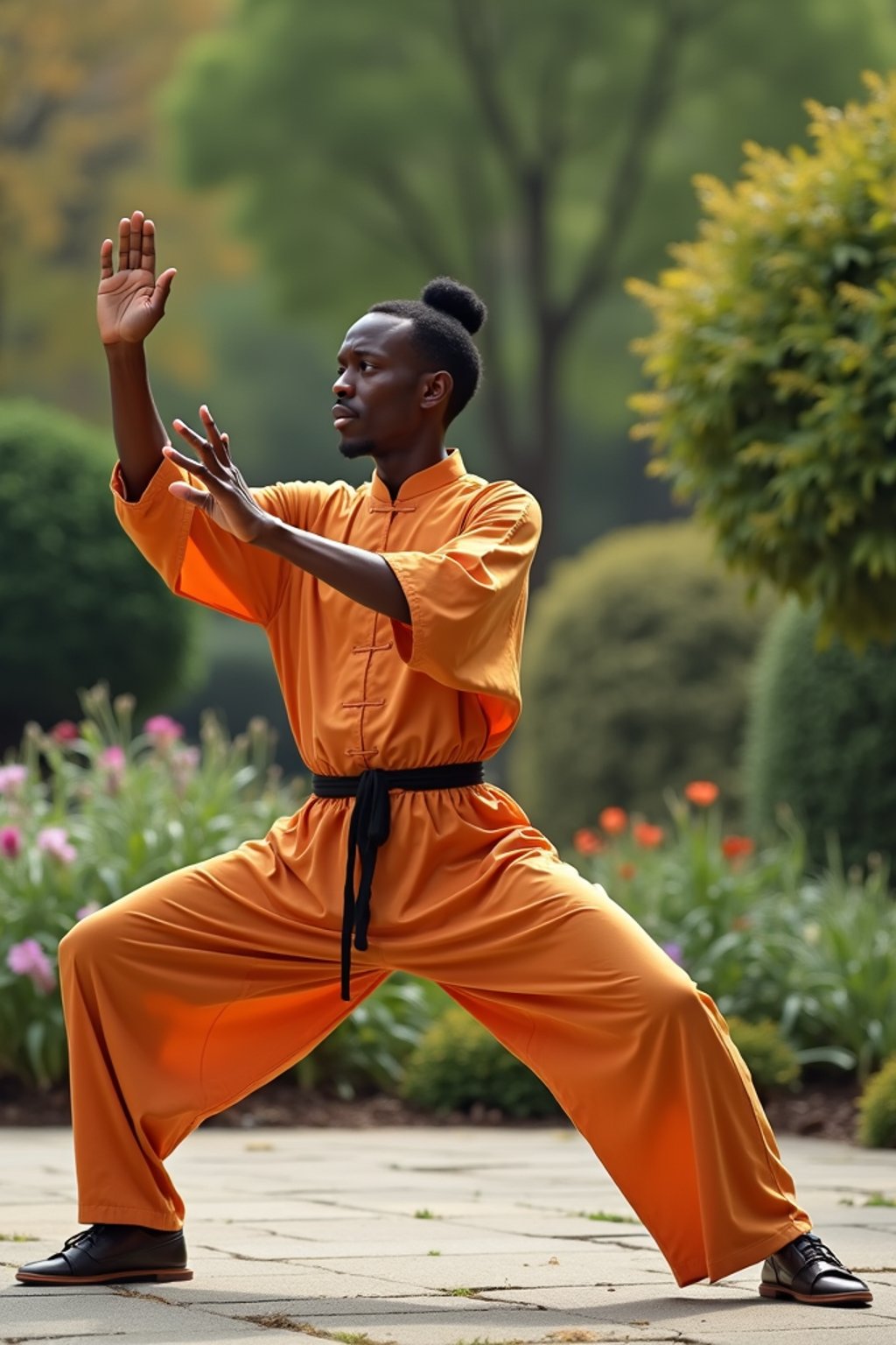 man practicing Tai Chi in a serene garden