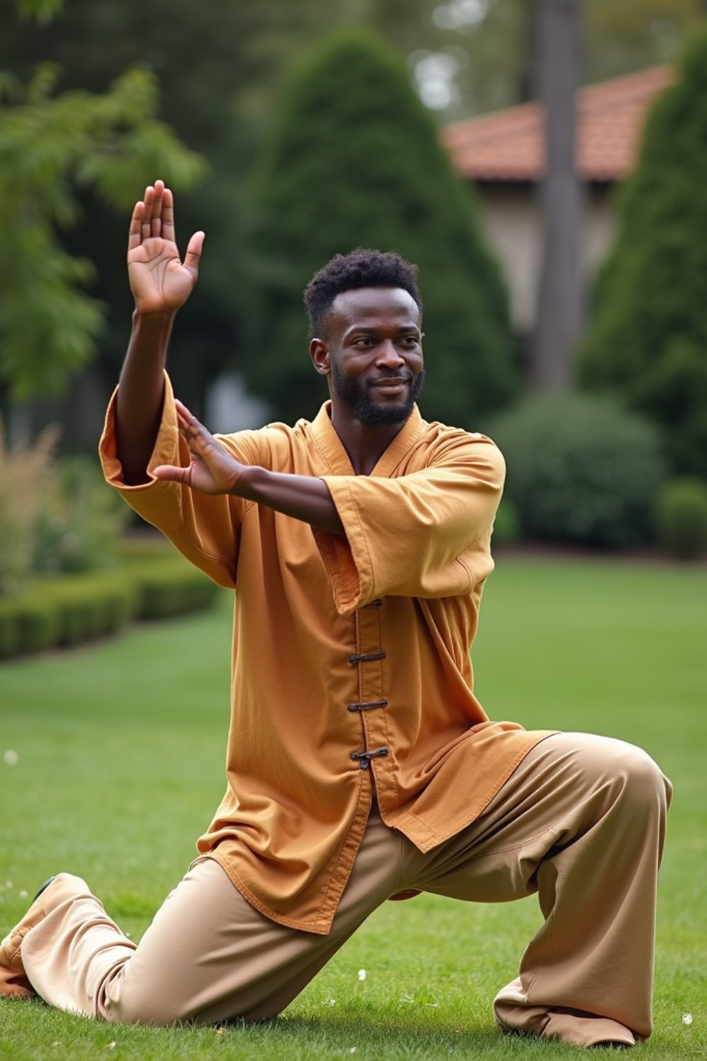 man practicing Tai Chi in a serene garden