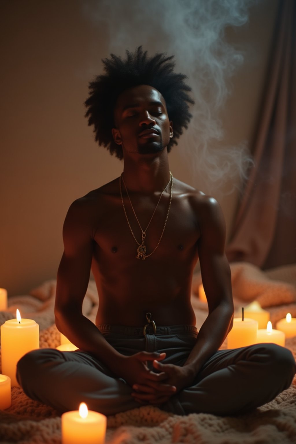 man practicing mindfulness surrounded by candles or incense