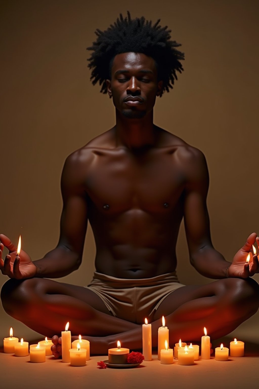 man practicing mindfulness surrounded by candles or incense