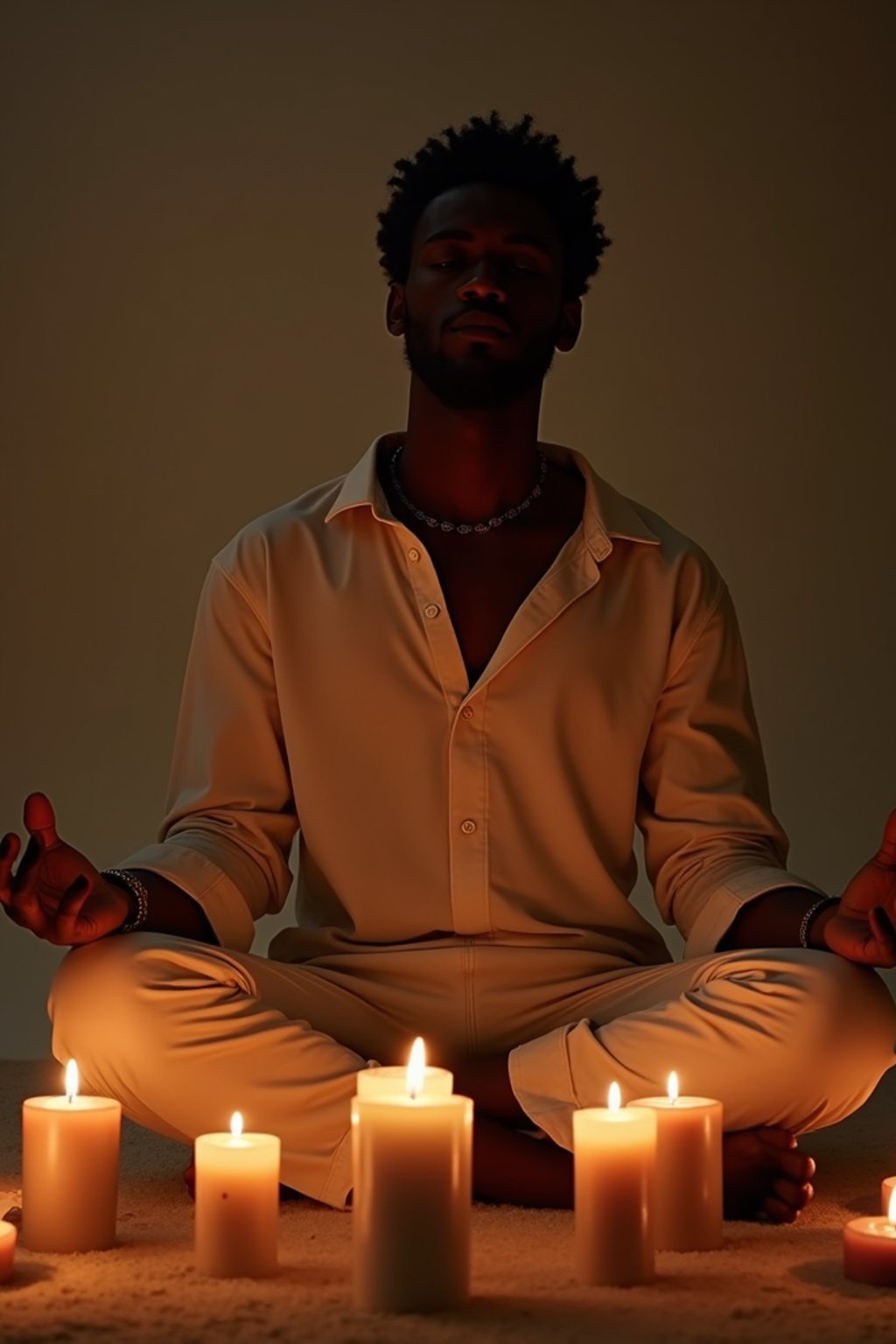 man practicing mindfulness surrounded by candles or incense