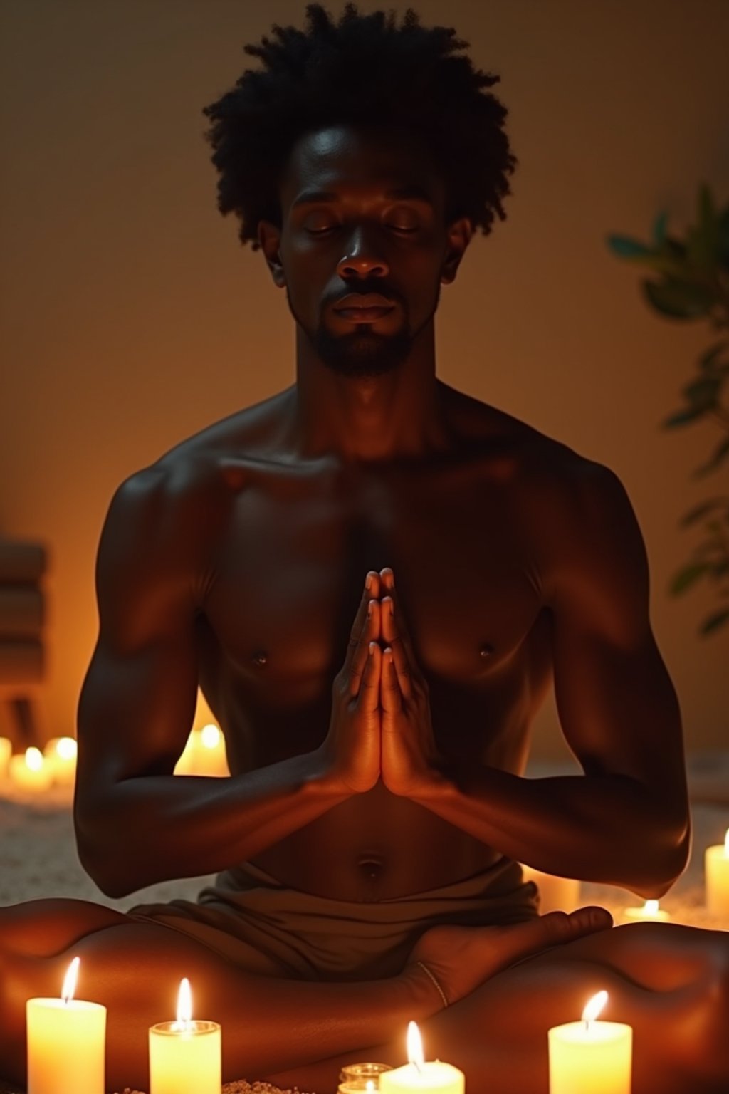 man practicing mindfulness surrounded by candles or incense