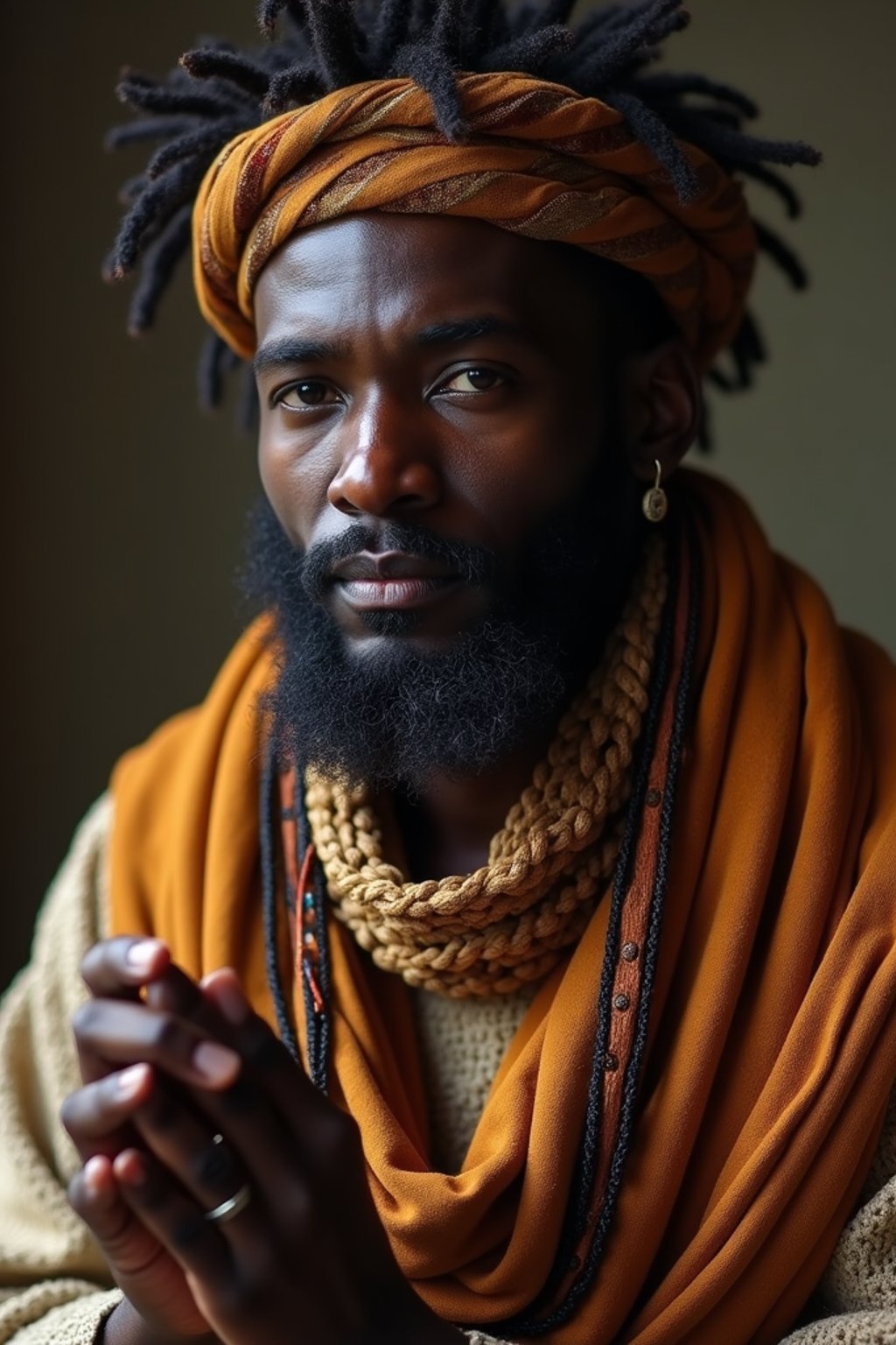 man holding prayer beads or a sacred object,