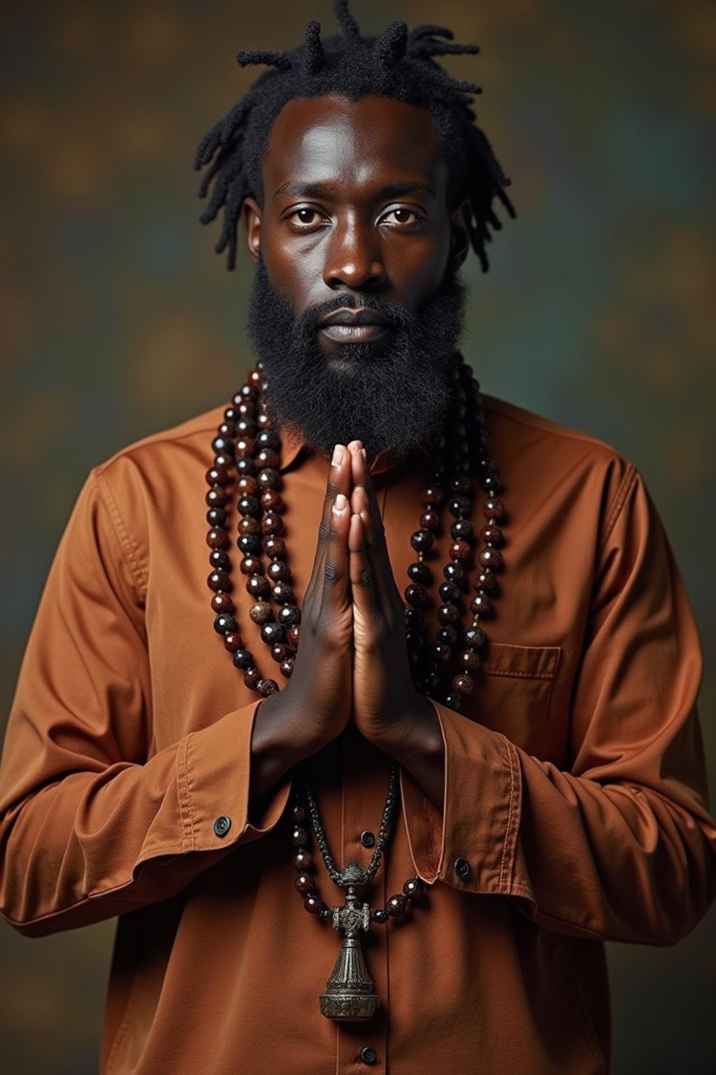 man holding prayer beads or a sacred object,