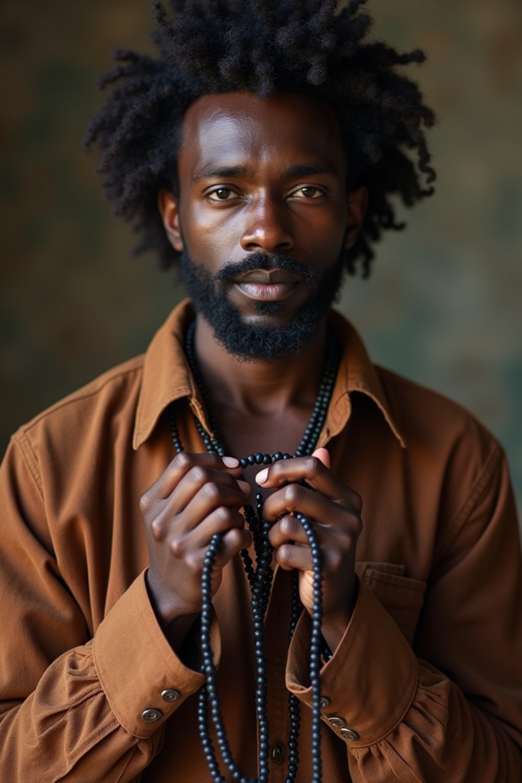 man holding prayer beads or a sacred object,