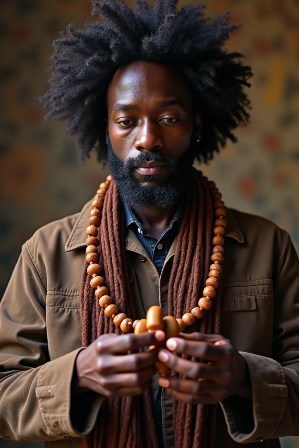 man holding prayer beads or a sacred object,