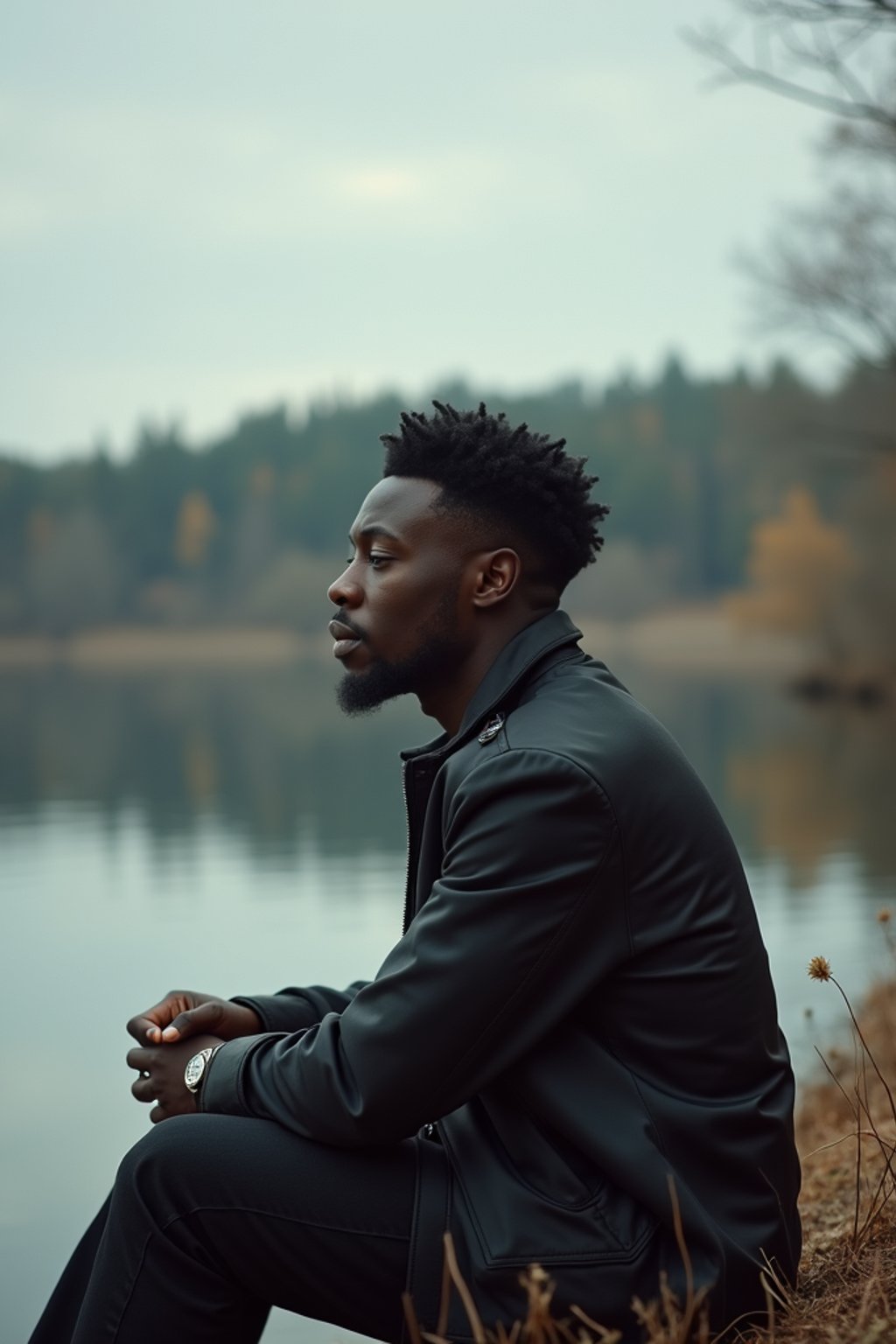 man in deep contemplation, sitting by a tranquil lake