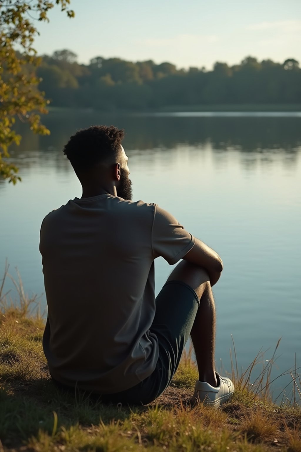 man in deep contemplation, sitting by a tranquil lake