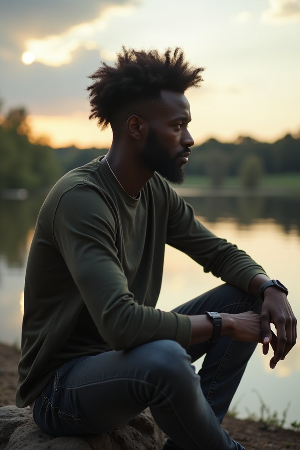 man in deep contemplation, sitting by a tranquil lake