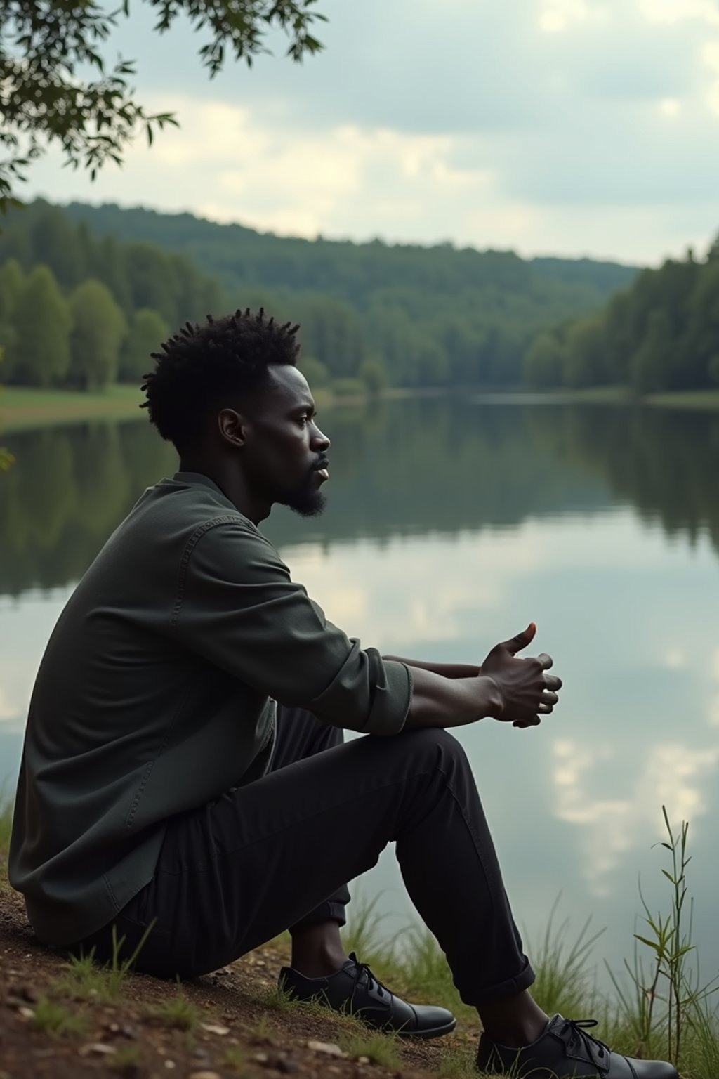 man in deep contemplation, sitting by a tranquil lake