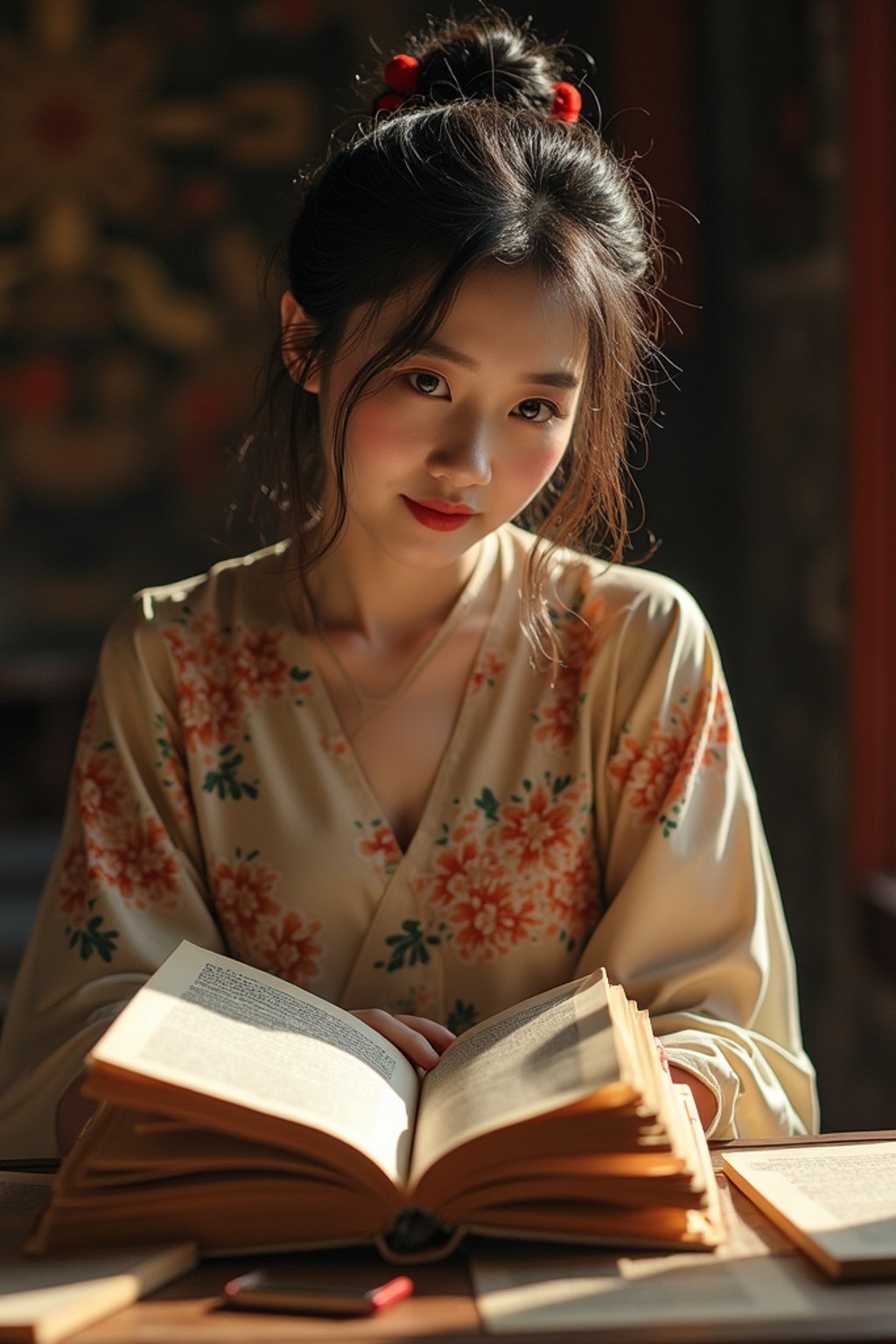 woman surrounded by books or sacred texts