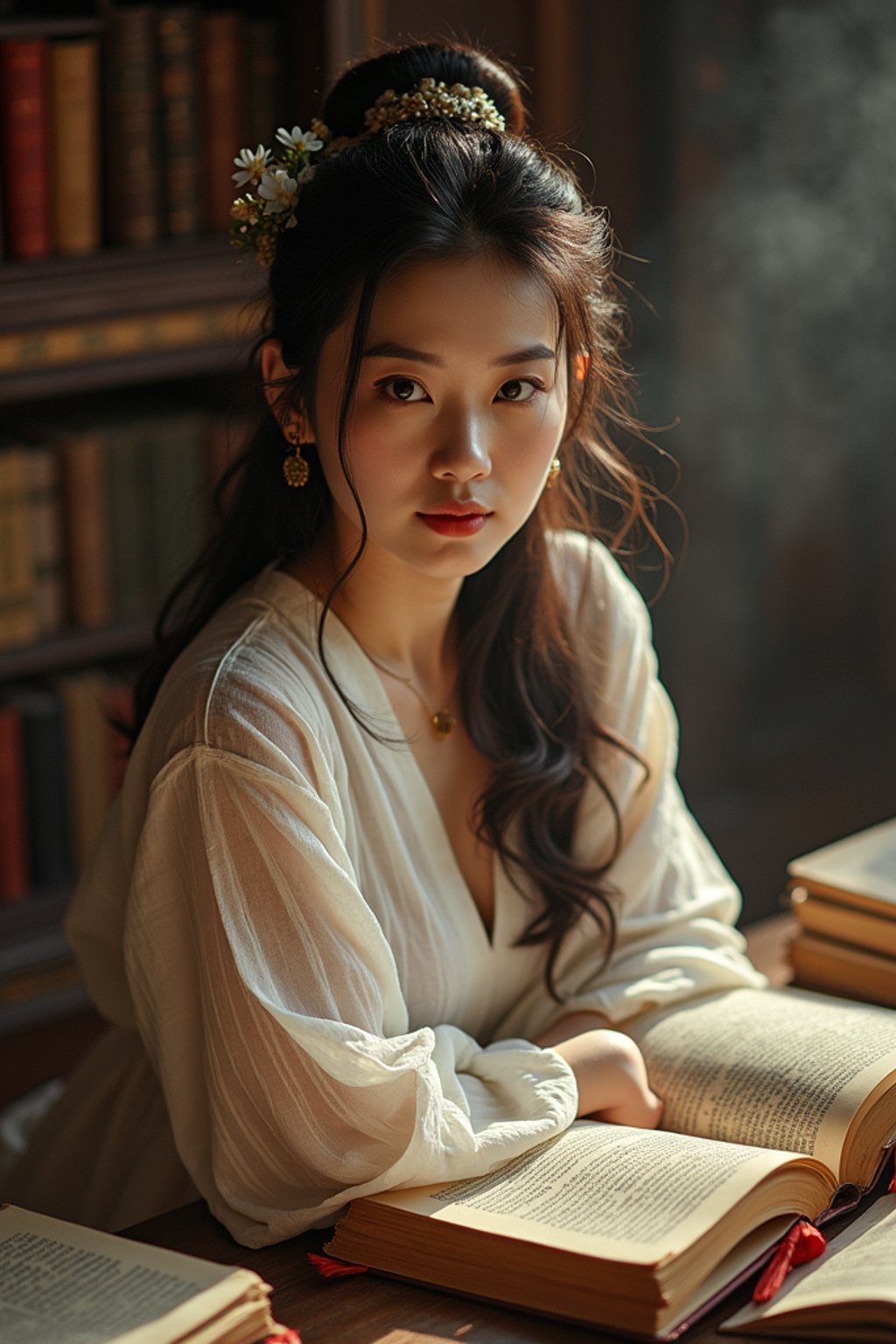 woman surrounded by books or sacred texts