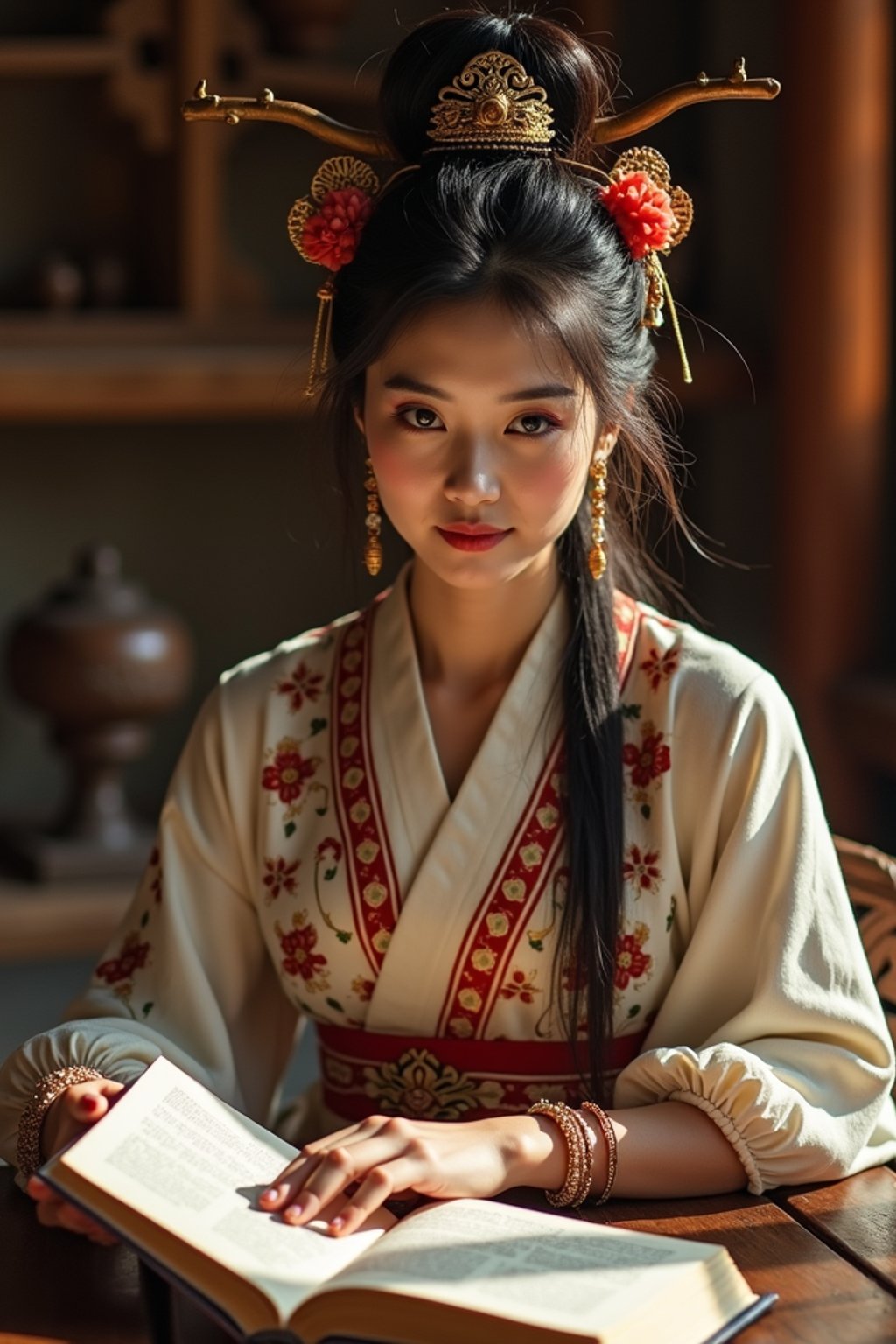 woman surrounded by books or sacred texts